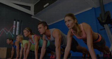 Jimnastik grubu tahtaya düşüyor ve hareketli çizgi grafik izleme performansı ile işaret veriyor. Güç, zindelik, takım çalışması, dayanıklılık, çekirdek, sağlık, motivasyon.