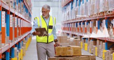 Depo müdürü koridora giriyor ve envanter verilerini karşılaştıran tabletlerle rafları tarıyor. Lojistik, tedarik zinciri, endüstriyel, organizasyonel, veri analizi, verimlilik, teknoloji