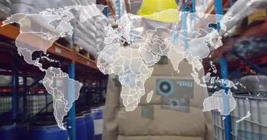 Warehouse worker walking down aisle, securing hard hat and activating AR map for inventory tracking. Industrial, technology, futuristic, logistics, analytics, navigation, productivity