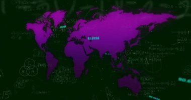 Purple map showing cyan data labels emerging with chalkboard formulas pulsing for analysis. Geography, data visualization, scientific, digital interface, mathematical, infographic, technology