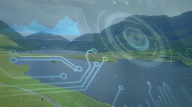 Mountain lake staying static while radar HUD sliding in and circuit lines emerging for monitoring. Aerial, landscape, technology, digital, nature, scenic, futuristic