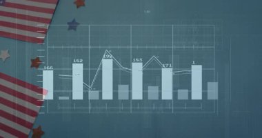 Flag and stars sliding as bars fading and updating, line graph shifting to visualize data trends. Statistics, data visualization, infographic, financial charts, digital analytics, business intelligence, performance metrics