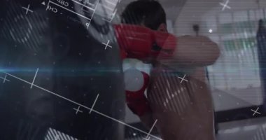 Gömleksiz boksör, çantanın üzerinde durarak mali tabloların yumruklarla titrediğini gösteriyor. Sporcu, spor, güç, kararlılık, eğitim, modern, dinamik