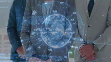 Management team extending hands guiding rotating digital globe and raising thumbs up in approval. Technology, innovation, teamwork, futurism, corporate, collaboration, leadership