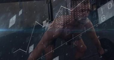 Halteri kavrayan kaslı bir adam. Animasyon veri grafikleriyle zindelik için bastırıyor. Kuvvet, fitness, egzersiz, dijital, veri, analiz, atletik