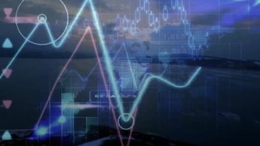 Neon-mavi çizgi yanıp sönen tepe noktasını kırmızı dokuma eğilimlerini gösterirken parlayan daire şeklinde vurguluyor. Veri analizi, görselleştirme, dijital arayüz, fütüristik, teknoloji, bilgi, analiz