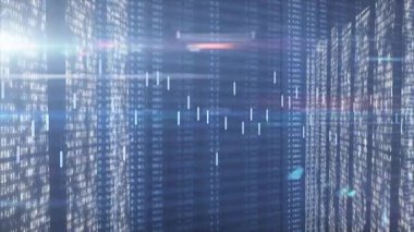 Başlangıçta sayısal paneller kayıyor, kırmızı çubuk havada asılı duruyor, çubuklar mavi çizgi ile kayıyor ve verileri gösteriyor. Teknoloji, veri, analitik, dijital, siber güvenlik, finans, geleceksel