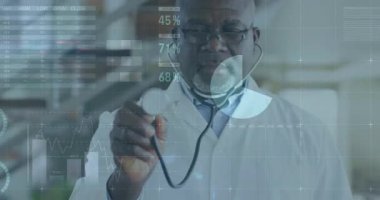 Senior doctor raising stethoscope to camera while holographic medical charts animating for analysis. Health, data, technology, innovation, analytics, professional, interface