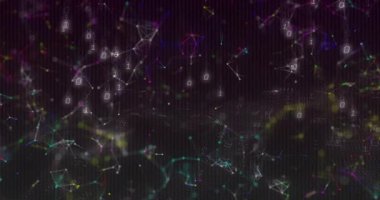 Başlangıçta, parlayan düğümler dalga sırtında kümelenirken ikili basamaklar görselleştirici verileri titreştiriyor. Siber uzay, bağlantı, veri görselleştirme, fütüristik, soyut, dijital, teknoloji