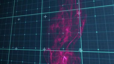 Izgara merkezinin üzerinde göründükten sonra, pembe sıvı aşağıya doğru akarak dumanı görselleştirir. Teknoloji, soyut, hareket, fütürizm, dijital, gölgeler, dinamik
