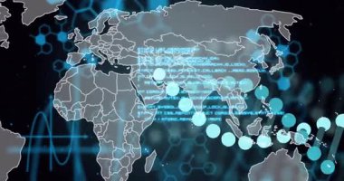 Arayüz açılışı dünya haritasını, sinüs dalgalarını, kod kaydırmayı ve veri akışını gösteren daireleri gösteriyor. Teknoloji, veri, siber güvenlik, dijital, ağ, yenilik, analitik