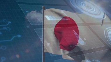 Hafif esinti, gümüş direğin üzerinde Japon bayrağını kaldırıyor. Veri arayüzünü gösteren HUD panelleri değişiyor. Vatanseverlik, teknoloji, fütürizm, veri görselleştirme, dijital arayüz, yenilik, açık hava