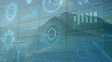 Holografik paneller soluyor, radar grafiği atıyor, parmaklıklar yükseliyor, harita kayıyor, okyanus verilerini görselleştiriyor. Fütüristik, teknoloji, veri, görselleştirme, dijital, arayüz, okyanus