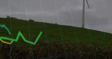 Enerji eğilimlerini gösteren türbin bıçakları dönüşümlü olarak tepenin üzerinde yükselen yeşil grafiğin şebeke örtüsü. Yenilenebilir, sürdürülebilirlik, teknoloji, analitik, görselleştirme, çevre, yenilik