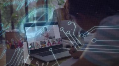 Student opening laptop to join remote class, taking notes with circuit HUD illustrating connection. Technology, e-learning, onlineeducation, virtualclass, remotelearning, digitalinterface, studyenvironment