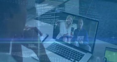 After leaning on chin, woman analyzing business meeting data showing code scroll and rising graphs. Technology, analytics, remote, professional, digital, modern, data visualization