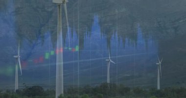 Çizelgede kayboluyor, şamdan çubukları sırayla mavi histogram ile rüzgâr tarlası pazarını gösteriyor. Yenilenebilir, sürdürülebilirlik, enerji, altyapı, teknoloji, çevre, büyüme