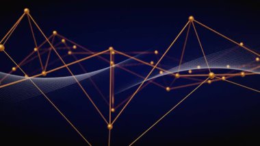 Altın ağ kaydırma açısı, teknolojik veri akışını gösteren düğümlerin arasında kablo dalgalarını tetikler. Fütürist, dijital, yenilikçi, bağlantı, holografik, parlak, teknolojik