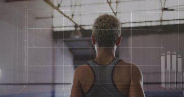 Female athlete raising fists and stretching in ring with sports HUD, heart-rate bars tracking data. Fitness, training, biomechanics, athlete, visualization, wearable technology, motivation