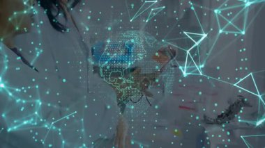 Tech lab scientist rotating board mapping data flow and senior scientist pointing network nodes. Innovation, collaboration, technological, futuristic, analytical, professional, precision