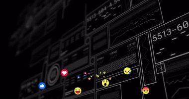 Küçücük noktacıklar titreşen sosyal simgelerin kıvılcımları kablo çerçevesi panellerinin üzerinde sürükleniyor ve ölçümleri gösteriyor. Teknoloji, analitik, veri, görselleştirme, dijital, gelecekçilik, ağ