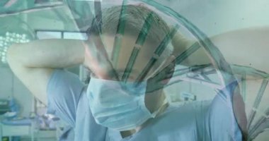 Surgeon grasping cap and securing mask then initiating DNA helix linking genetics-informed surgery. Medical, healthcare, innovation, technology, precision, science, professionalism