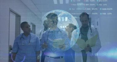 Medical team walking and activating globe overlay and charts while reviewing patient data folder. Health, collaboration, innovation, technology, diagnostics, professionalism, analytics