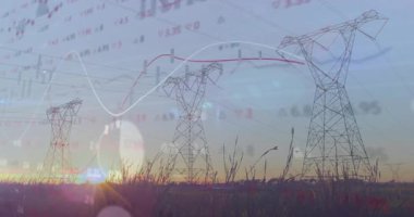 Beyaz çizgi soldan başlıyor kırmızı eğri süpürme kuleleri, soluk çubuklar trendleri temsil ediyor. Teknoloji, enerji, altyapı, veri görselleştirme, dijital analitik, çevre, günbatımı