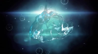 Koyu gri bir boşlukta parlayan sıvı halkalar halinde ortaya çıkıyor. Titreşiyor, şişiyor, halkaları ağa bağlıyor. Soyut, fütüristik, dijital sanat, animasyon, teknoloji, yenilik, bağlantı