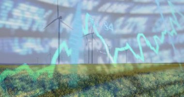 Rüzgar türbinleri grafiğinde beliren kayan finans metni piyasa eğilimini gösteriyor. Yenilenebilir, enerji, teknoloji, veri, analitik, sürdürülebilir, finansal