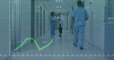medical staff entering corridor with folder and tablet showing rising graph discussing patient data. Healthcare, teamwork, analysis, professional, clinical, diagnostics, communication