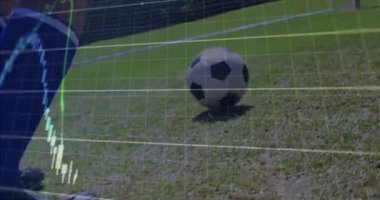 Erkek sporcu topa hafifçe vuruyor ve çim tarlasında ileri doğru salınıyor. Markette şamdan çizelgeleri canlandırıyor. Sporcu, performans, çeviklik, spor, strateji, gelişme, analitik