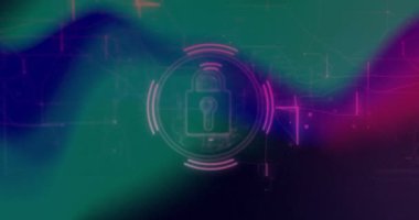 Dalga formları halkalardaki asma kilit simgesini açığa çıkarırken dalgalar güvenli erişimi temsil ediyor. Siber uzay, güvenlik, teknoloji, dijital, koruma, şifreleme, fütürist