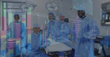 Veri başlama çizelgeleri, ameliyat odasında finansal ölçümleri takip eden tıbbi ekibin grafikleri. Sağlık, işbirliği, yenilik, kesinlik, profesyonellik, teknoloji, analitik