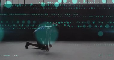 Atletin zeminde ağırlık değiştirmesi, gök mavisi parçacıkları oluşturarak uygunluk analizi için ızgara örtüsü oluşturması. Dinamik, teknoloji, yenilik, performans, hareket, fütüristik, parlak