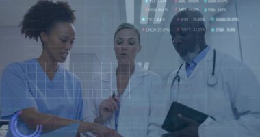 Nurse pointing clipboard and explaining medical graphs animating line charts and percentage figures. Medical, collaboration, analytics, technology, professionalism, innovation, teamwork