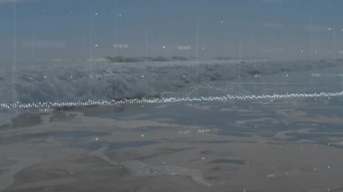 Okyanus dalgaları kıyı şeridinde dalgaların dalgalanmasına ve sörf ölçümlerini gösteren verilere neden oluyor. Deniz manzarası, veri görselleştirme, sakin, işitsel-görsel, doğa, teknoloji, dijital