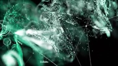 Upon HUD overlay activation, particle cloud shifting, expanding and visualizing network growth. Futuristic, digital, abstract, technology, innovation, data visualization, networks