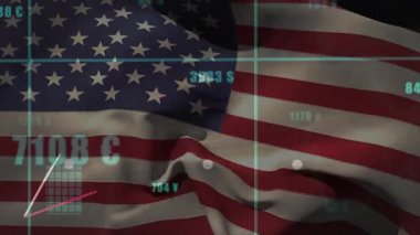 Flag waving initiating grid overlay appearing bars rising and lines drawing for financial analysis. Patriotism, data visualization, financial analytics, digital interface, infographic, trend analysis, economic growth