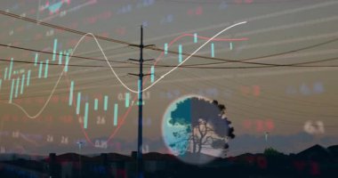 Kamera çerçevelemesi ahşap direk ve siluetli ağaç, parmaklıklarda kayboluyor, veriyi görselleştiren kulelere dönüyor. Sanayi, altyapı, teknoloji, veri görselleştirme, ağ, uzun yaşam, güç şebekesi