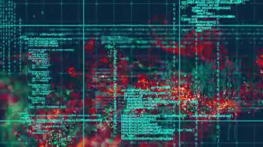 Başlayan kırmızı yeşil bulut kıvrımlı kurdele kümesi analiz için ızgara boyunca kayıyor. Fütürist, dijital, veri görselleştirme, soyut, teknoloji, siber, yenilik