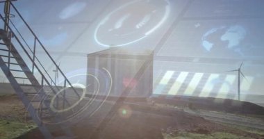 Teknisyen giriyor, merdivenleri tırmanıyor ve holografik rüzgar çiftliği örtülü tablet verilerini inceliyor. Yenilenebilir, otomasyon, görselleştirme, endüstriyel, hassas, sürdürülebilirlik, yenilik