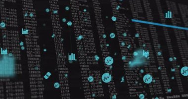 Dark screen starting flickering cyan icons forming data network, scanning bar highlighting errors. Technology, data visualization, digital, analytics, connectivity, cybersecurity, futuristic