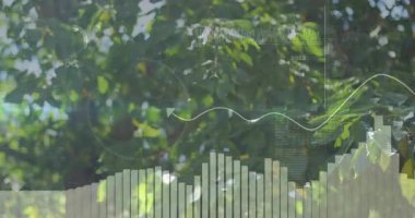 Opening on sunlit leaves, bars fading in and fluctuating as waveform sweeps showing numeric labels. Nature, data, visualization, tranquility, harmony, eco-friendly, digital