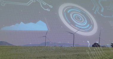 After start turbines showing HUD, graph and circuits emerging particles drifting monitoring output. Renewables, technology, futuristic, sustainability, data visualization, environmental, innovation