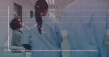 Doctor lifting tablet and discussing treatment to patient while graph overlay pulsing pink dots. Medical, healthcare, consultation, professional, diagnostics, clinical, well-being