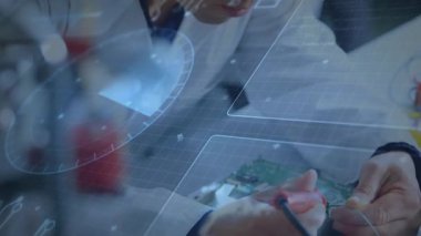 Electronics technician hovering soldering iron over PCB with animated gauges guiding precise repair. Technology, innovation, engineering, precision, laboratory, digital, repair