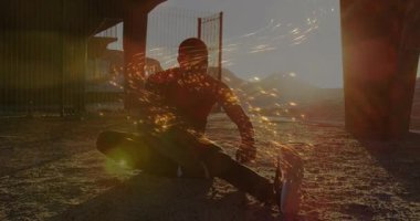 Man initiating hamstring stretch under shelter, spawning animated sparks boosting fitness vibe. Athlete, meditation, energy, vitality, resilience, outdoor, dynamic
