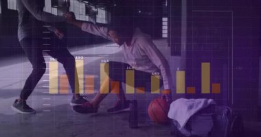 Athlete gripping coach hand for fitness tracking, pulling up while bar chart and line graph rising. Training, performance, analytics, strength, teamwork, motivation, sportswear