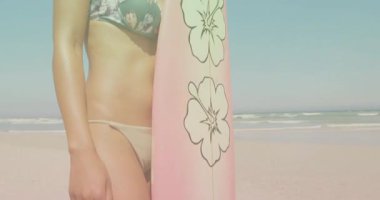 sun glare driving woman holding pink hibiscus surfboard shading eyes scanning horizon for travel ad. Beach, vacation, outdoor, vibrant, adventure, leisure, serenity